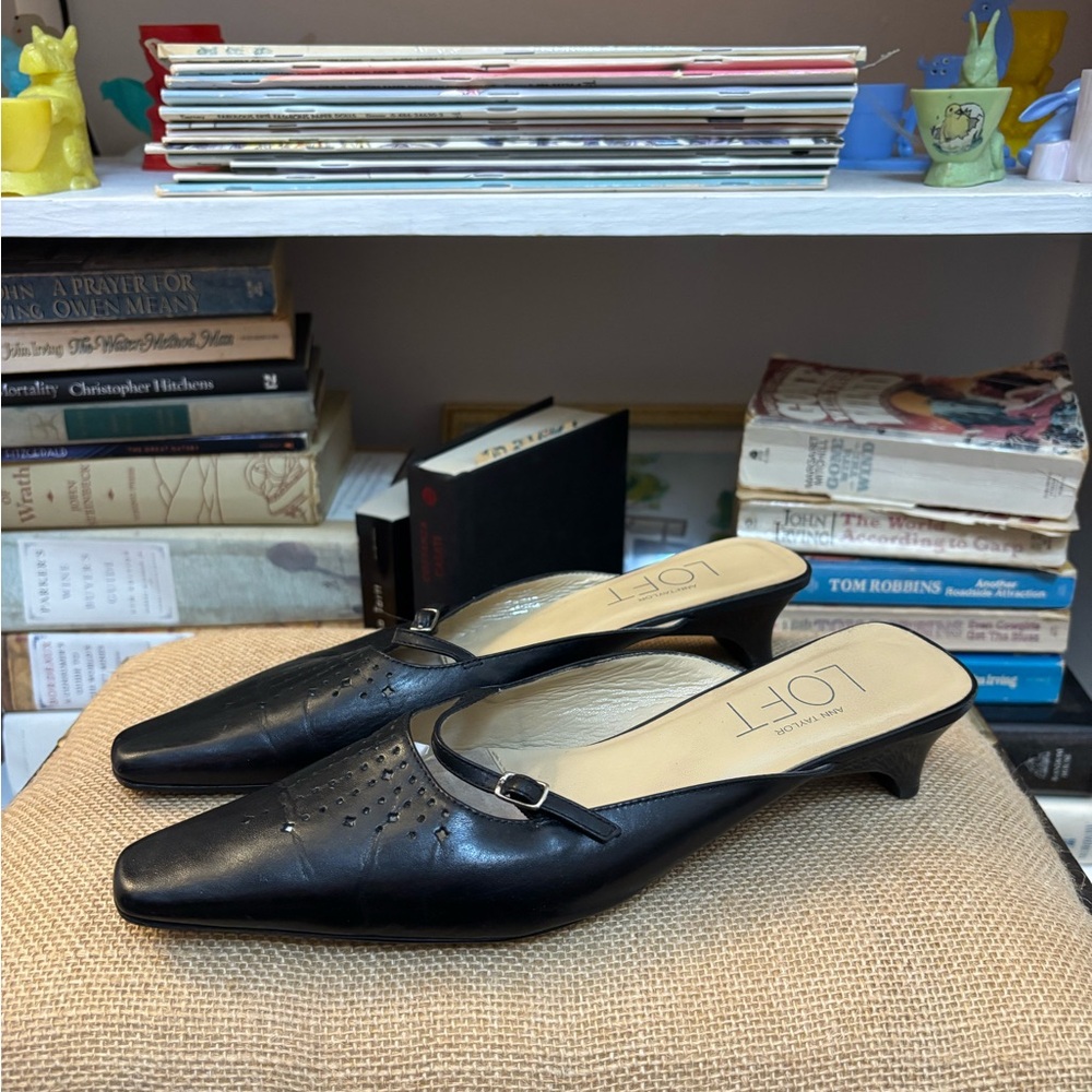 LOFT Black Leather Kitten Heel Mules